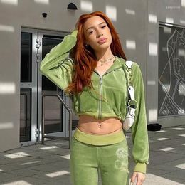 Women's Two Piece Pants Women's Green Velvet Women Tracksuit Suits Sexy Short Zipper Sweatshirt Y2K Hoodie 2022 Female Clothing Casual