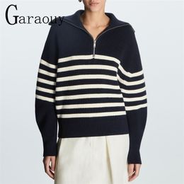 Womens Sweaters Garaouy Women Vintage Striped Jumper Casual Sweater POLO Navy Neck Long Sleeve Female Autumn Winter Knit Pullover Top 220923