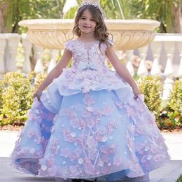 2024 Light Blue Flower Girls Dresses For Wedding Lovely Lace Appliques Pink 3D Floral Flowers Puffy Bow Children Kids Party Communion Gowns Ball Gown