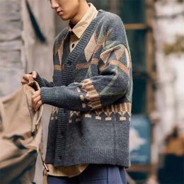 Men's Sweaters Cardigan Retro Japanese V neck Diamond Contrast Colour Jacquard Line Casual Loose Top Trendy Autumn 220927