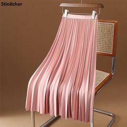 Skirts Solid Color Pleated Long Skirt Women Korean Fashion Ladies Work Casual Elastic High Waist A Line Party Skirts Spring Summer 220924