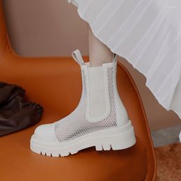 Boots British Style Cool Ankle Genuine Leather Mesh Zipper Female Shoes Summer Round Toe Square High Heel Women Motorcycle