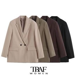 Women's Jackets TRAF Women Fashion Double Breasted Loose Fitting Blazer Coat Vintage Long Sleeve Pockets Female Outerwear Chic Veste Femme 220926