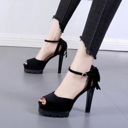 Sandals 12cm Chunky Shoes High Heel Women Suede Platform Black Bow Open Toe Summer Sandalias Tacon