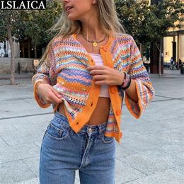 Women's Knits Tees Cardigan Top Women Long Sleeve Single Button Decorated Slim Rainbow Striped Patchwork Women's Sweater Spring Autumn Fashion 220927