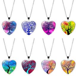 Tree of Life Necklaces For Women Glass Cabochon Heart shape plant Pendant Silver chains Fashion Jewellery Gift