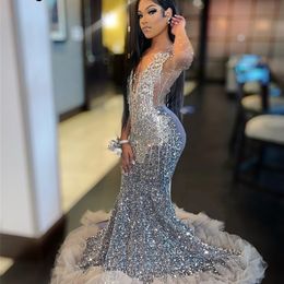 Party Dresses Luxury Sparkly Mermaid Prom Dress For Black Girls Glitter Sequins Ruffle Tassels Bead Evening Gown Robe De Bal 220923