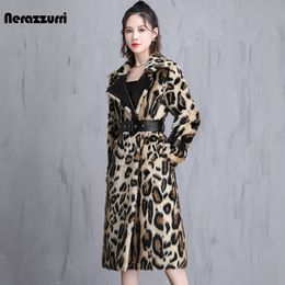 Women's Fur Faux Fur Nerazzurri Winter Long Leopard Print Warm Fluffy Faux Fur Coat Women with Leather Belt Runway Luxury Europen Style Fashion 220927