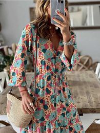 Casual Dresses Bohemian V Neck Ruffle Holiday Beach Dress Women Spring Printed Drawstring Long Party Dress Summer Button Chic Maxi Lady Dresses T220905