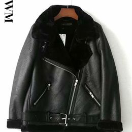 Women's Jackets Fur Locomotive Retro with Belt Riding Winter Women's Jacket Long-sleeved Lapel Padded Warm Black Zip Chic Female Coat Tops 220926