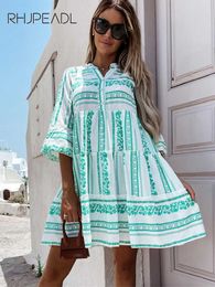 Casual Dresses Summer Women's Stripe Print Ruffle Dress Casual V-neck High Waist Green Mini Dresses 2022 Spring Fashion Ladies Loose Boho Style T220905