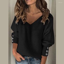 Women's T Shirts Women's T-Shirt Fashion Women Solid Colour V-Neck Shirt Button Sleeve Knit Sweater Tshirt Autumn And Winter Warm Tops