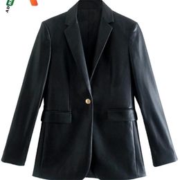 Women's Jackets Adherebling Traf Women Faux PU Leather Jacket Metal Single Button Vintage Long Sleeve Blazers Pockets Female Black Suit Coat 220926