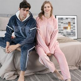 Men's Sleepwear Hooded Flannel Pyjama Pants 2 PiecesSet Winter Thick Warm For Couples Casual Loose Home Costumes Set 220924