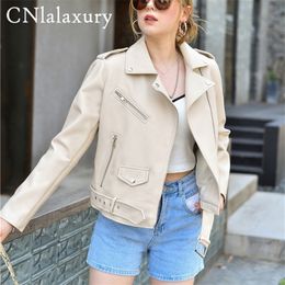 Women's Jackets Spring Autumn Women Blue Faux Leather Jacket Ladies Solid With Belt Zipper Biker Coat Female Casual Outwear Veste Femme 220926