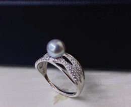 22092409 Diaomondbox Jewellery ring 6-7mm akoya grey pearl sterling 925 silver zircronia rhinestone hollow adjustable lace royal vintage style