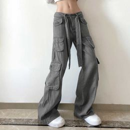 Women's Pants Capris Cargo Pants Y2K Women Vintage Elastic High Waist Big Pockets Trousers Black Streetwear Hip Hop Drawstring Retro Baggy Jeans T220926