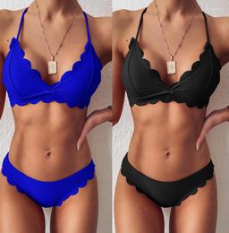 Women's Swimwear Women's Sexy Floral Side Solid Lace Up Bikinis Push Swimsuits Women Split Bathing Suit Beachwear Bikini Set Swimming