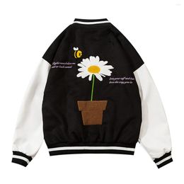 Men's Jackets 2022AW Hip Hop Patchwork Button Mens Harajuku Streetwear Embroidery Daisy Bee Bomber Jacket Baseball Coats