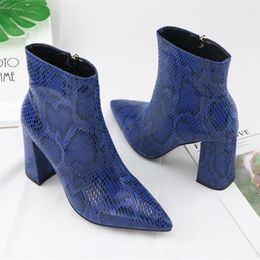 Boots Print Snake Pu Women Ankle Zip Pointed Toe Footwear Thick High Heels Female Boot Party Shoes 2022 Winter