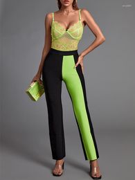 Women's Tracksuits Two Piece Set Bodysuit And Pants 2022 Green 2 Pece Elegant Sexy Lace Evening Club Party Summer Outfiits
