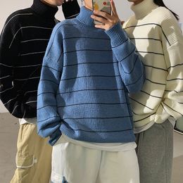 Men's Sweaters Privathinker Autumn Winter Striped Sweater Loose Turtleneck Fashion Couple Clothing Male Casual Knitted Pullovers 220927