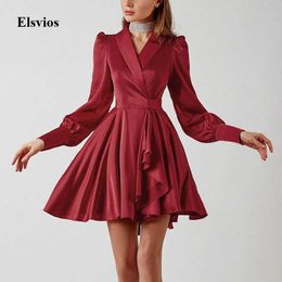 Casual Dresses 2021 Summer Spring Women Pleated Mini Dress Elegant Solid Long Sleeve Party Dress Sexy V Neck Button Office Lady Dress Vestidos T220905