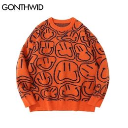 Men's Sweaters Hip Hop Knitted Sweater Streetwear Harajuku Vintage Smile Pullover Sweater Mens Autumn Fashion Couple Orange Black 220927