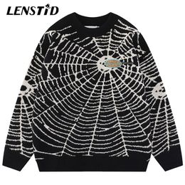 Men's Sweaters LENSTID Autumn Men Knitted Sweaters Hip Hop Spider Web Graphic Jumper Streetwear Harajuku Fashion Casual Pullovers Clothes Black 220926