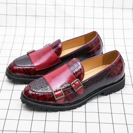 Loafers Men Monk Shoes Colour Matching ing PU Crocodile Pattern Round Toe Double Buckle Business Casual Wedding All match Wedd