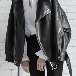 Women's Jackets EAM High Quality Spring Black PU Leather Loose Turn-down Collar Zipper Fashion Wild Jacket LA938 220926