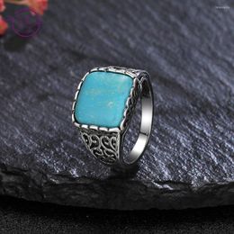 Cluster Rings Square Natural 12 12mm Turquoise Ring 925 Sterling Silver For Women Retro Finger Wholesale Fine Jewellery Gift