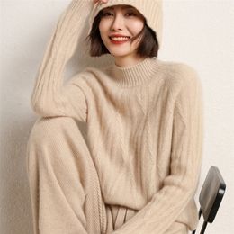 Womens Sweaters 100% wool cashmere sweater autumn and winter womens half turtleneck pullover casual solid Colour jacket knitted top 220923