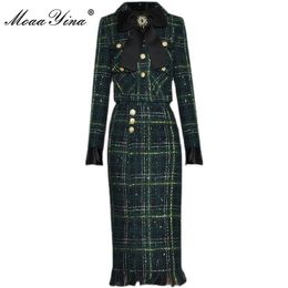 Casual Dresses MoaaYina Fashion Designer Winter Plaid Tweed Skirts Suit Women's Bow Beading Long Sleeve Jacket Tassel Skirt 2 Pieces Set 220923