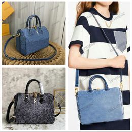 M59609 Speedy Bandouliere 25 Fabric Shoulder Bag Women Duffle Bag With Padlock Navy Blue Denim Jacquard CrossBody Designer Boston Bags