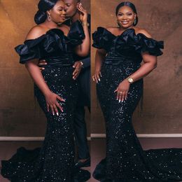 2023 Black Mermaid Prom Dresses Ruffles Sparkly Sequins Custom Made Off The Shoulder Neck Evening Gown Formal Ocn Wear Vestidos Plus Size 401 401