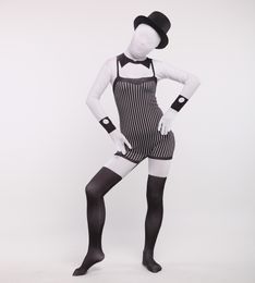 Catsuit Costume Black and white vertical stripes maid dress cosplay full Body Zentai suit stage costumes club party jumpsuit without hat