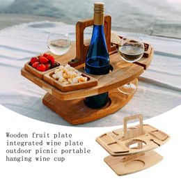 Hooks Portable Wooden Picnic Table Carry Handle Outdoor Folding Wine Removable Glass Holder Fruit Snack Tray