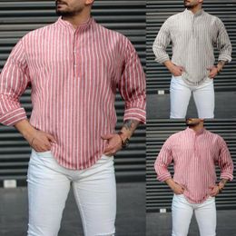 Men's Casual Shirts Christmas Jumpsuit Men Male Cotton Linen Stripe Loose Shirt Mens Stand Collar Short Sleeve Crotch