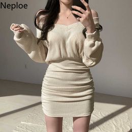 Casual Dresses Neploe 2022 Korean Mini Dress Women Sexy V Neck Sweater Fashion Elegant Bodycon Dresses Long Sleeve Pleated Robe Knit Vestidos T220905