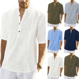 Men's Casual Shirts Smart Men Half Sleeve Leisure Mens Clothing White Stand Collar Buttons Cotton Linen Shirt Man Top Roupas Feminina