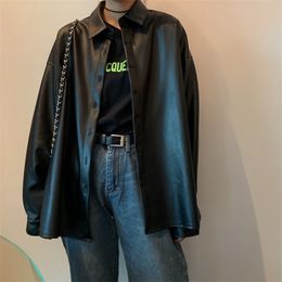 Women's Jackets chic Women oversized PU leather blouses Spring Autumn Black Faux Leather Basic Coat Turn-down Collar Motor Biker Jacket 220926