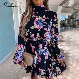 Casual Dresses Southpire Women's Navy Floral Print Loose Style Mini Dresses Long Sleeve High Neck Party Vestidos Autumn Casual Ladies Sundress T220905