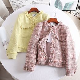 Womens Jackets Spring Autumn Sweet Tassel Pink Yellow Loose Medium Tweed Coat Women ONeck Ladies Woolen Jacket 220927