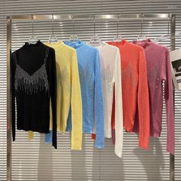 Women's T Shirts European Autumn Winter Sling Square Grain Rhinestone Pattern Stand Collar Wool Sweater Bottomed Tops Fashion Streetwear