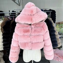 Women's Fur Faux High quality faux fur jackets and coats for women short cut fluffy finish jacket with hood winter 220923