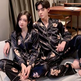 Men's Sleepwear Fashion Sleepwear Silk Satin Pajamas Couple Set Long ButtonDown Pyjamas Suit Pijama Women Men Loungewear Plus Size Pj Set M5XL 220924