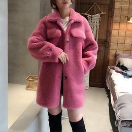 Women's Fur Women's & Faux Women Jacket Wool Coat Winter Loose Thick Warm Medium Long Solid Color Turndown Collar M43