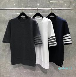 Light Luxury Classic Four Bar Knitted Classic Pattern Fashion Brand Casual T-shirt Round Neck Top Men's Women's Same Couple's Short sleeve