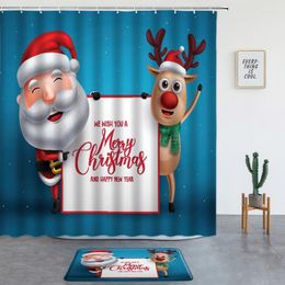 Shower Curtains 2 Pcs Christmas Decoration Set Xmas Bath Mat Funny Santa Claus Elk Reindeer Winter Holiday Bathroom Non-slip Rug